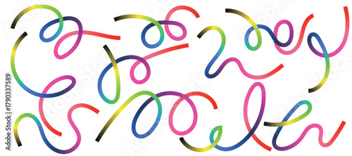 Abstract colorful gradient wavy lines forming tangled curls on white background