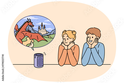 Smart speaker reads fairy tale to young children, telling fantastic story about dragons and castles. Happy brother and sister listening to smart speaker before bed when parents are busy