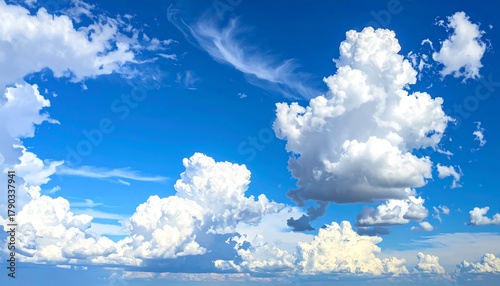 Fototapeta Naklejka Na Ścianę i Meble -  Vast blue sky filled with fluffy white cumulus clouds of varying sizes and shapes, a serene and atmospheric scene