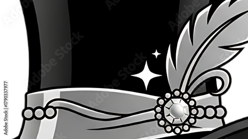 Elegant black top hat adorned with a sparkling feather and jewel, perfect for formal events.