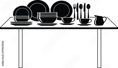 Black Silhouette of a Table Setting with Dishes and Cutlery on White Background dining dinnerware
