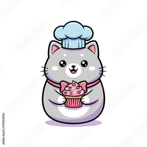 Cute cartoon cat baker holding a cupcake