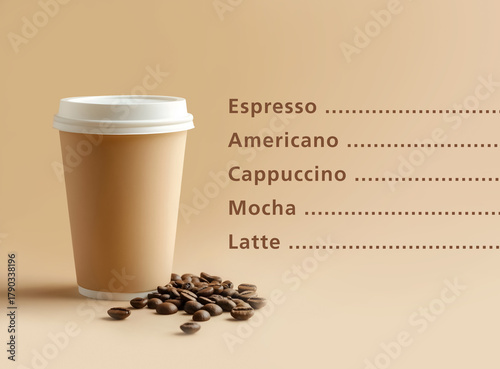 A disposable coffee cup with coffee beans on a beige background. A ready-made background for menu design.