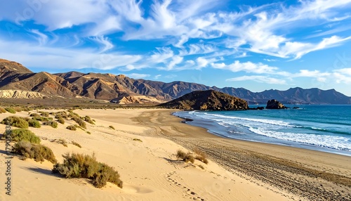 Fototapeta Naklejka Na Ścianę i Meble -  Vast coastal vista presents sand dunes transitioning to a sandy beach bordering cerulean waters under a vibrant sky. Distant brown mountains complete the scene