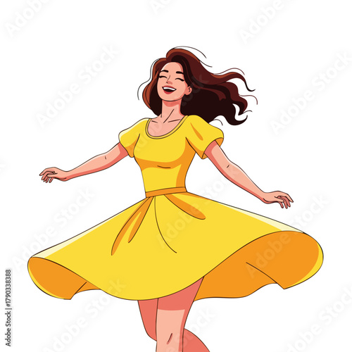 Joyful Woman in Yellow Dress Twirling with Happiness.