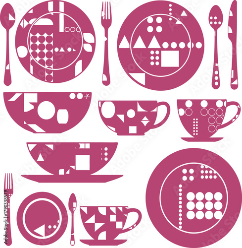 Fuchsia Geometric Patterned Tableware Set on White Background dinnerware plates