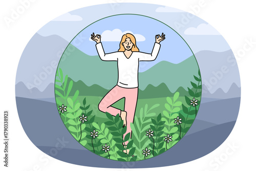 Introverted woman meditates and feels comfortable being safe inside bubble with green plants. Introvert girl escapes from bad environment with help of yoga and traditional buddhist practices