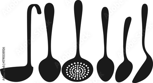 Six Black Kitchen Utensil Silhouettes on White Background Keywords: ladle, spoon, skimmer, slotted