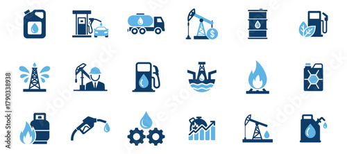 Oil and gas industry icons, fuel production, transport, and energy resources set