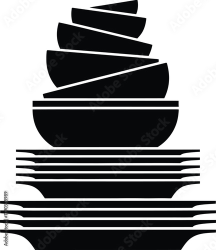 Stacked Black Bowls and Plates Silhouettes on White Background Keywords: bowl, plate, dish, tableware