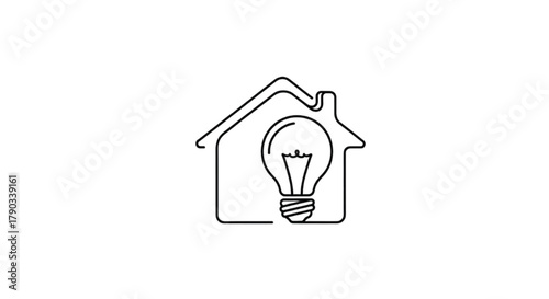 Conceptual line art of a house outline containing a glowing light bulb, symbolizing home innovation and bright ideas.