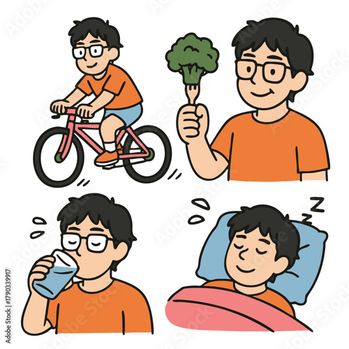 Isolated layered illustration of person separated riding bicycle eating broccoli drinking