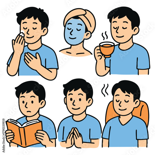 Isolated separated layered illustration of young man self care routine including skincare