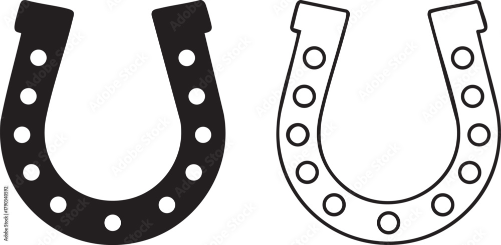 Naklejka premium Vector Set of a Horseshoe Outline and Silhouette Icon Glyph