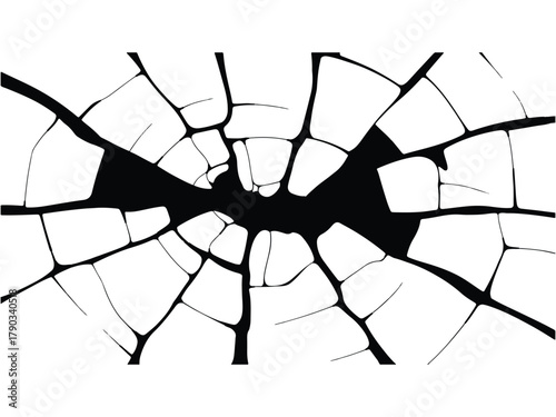 A shattered glass pattern with a central hole, , symbolizing fragility, damage, and the aftermath of impact or breakage