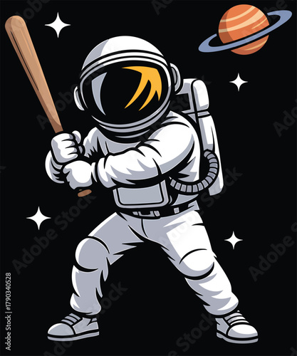 Astronaut Playing Space Baseball with Bat in Cosmic Cartoon Illustration