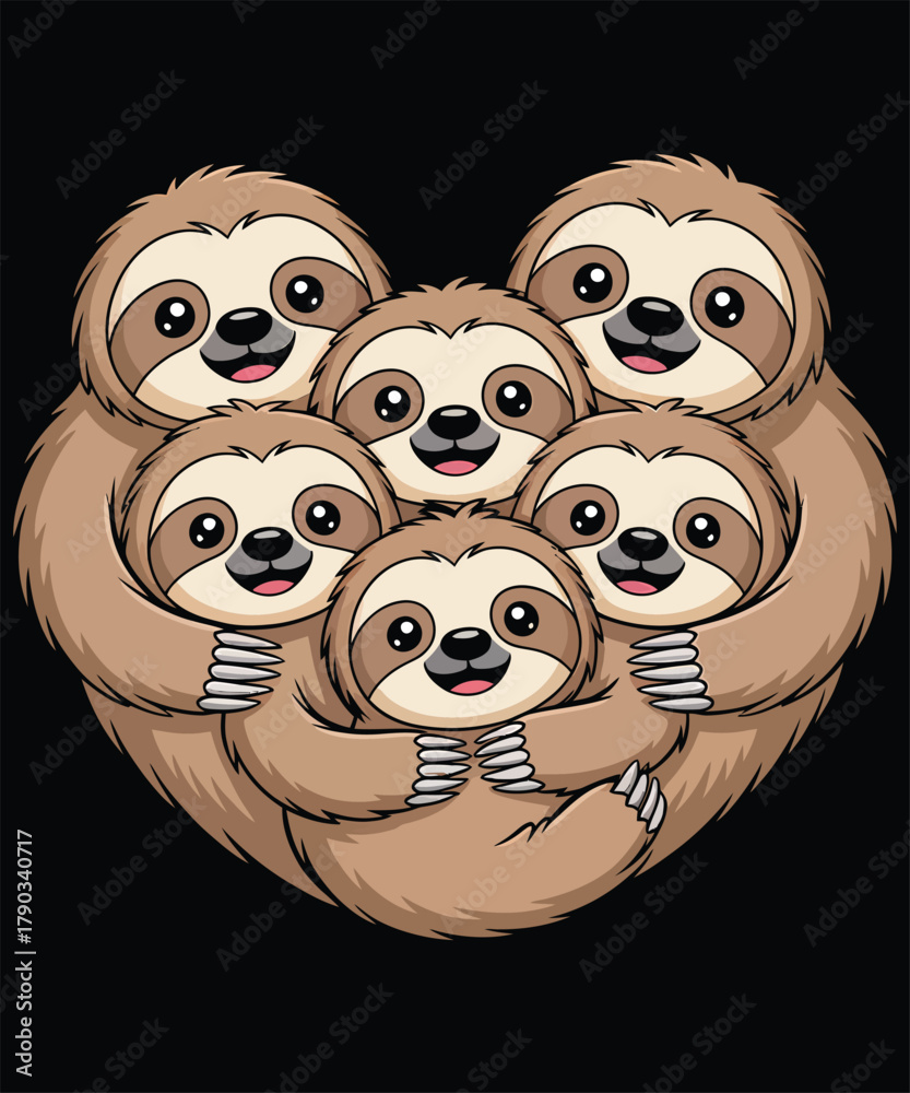 Naklejka premium Adorable Group of Cartoon Sloths Hugging in a Heart-Shaped Design