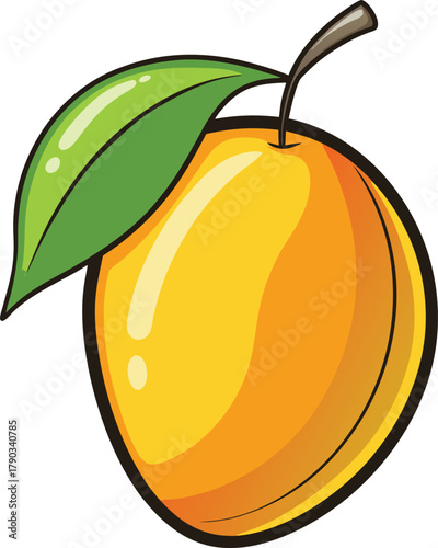 Cartoon illustration of a fresh vibrant orange fruit with a green leaf