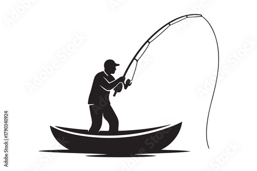 Silhouette of a Fisherman in a Boat, Casting a Fishing Line at Dusk"