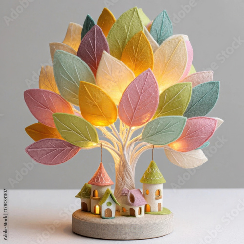 Whimsical felt tree with colorful leaves and tiny houses creates cozy and enchanting atmosphere. soft glow from tree adds warmth and charm to any space