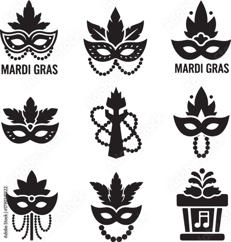 Mardi Gras masks and beads festive icons masquerade costume