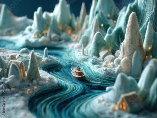 Felt Arctic scene with glowing auroras above icy mountains and river, featuring small boat navigating through landscape. cozy atmosphere is enhanced by warm lights