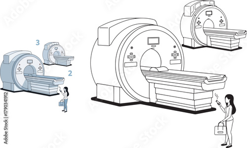 Medical scanner machine with patient and doctor vector