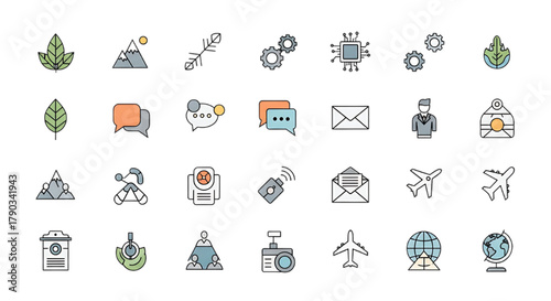 Collection of diverse flat design icons representing technology, nature, communication, and travel.