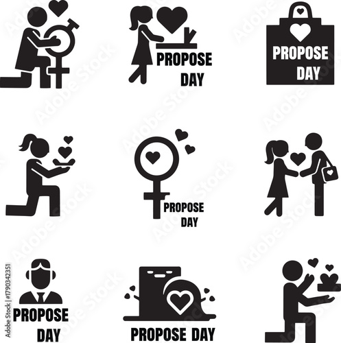 Romantic proposal icons with hearts and people love romance