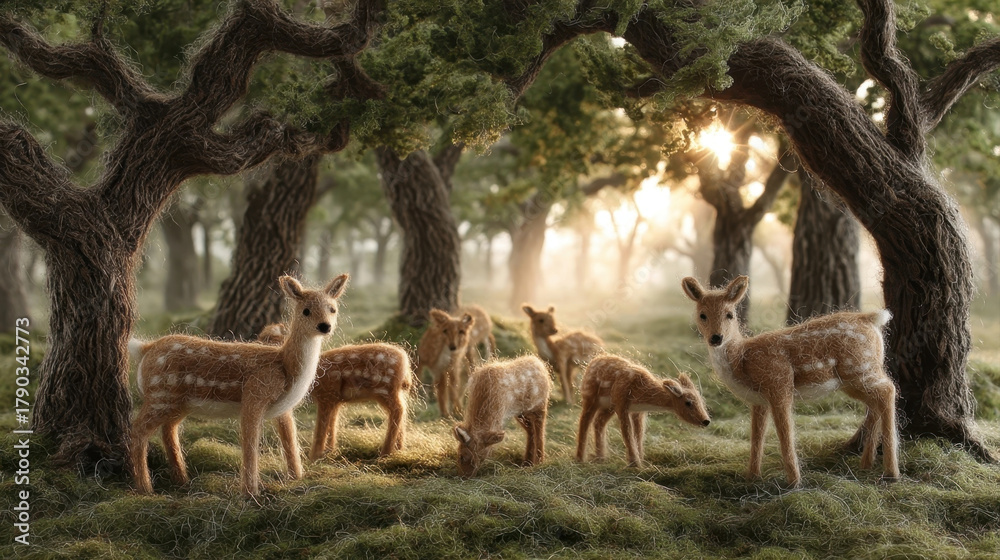 Obraz premium Felt landscape of serene meadow with grazing deer creates peaceful and enchanting scene. soft textures and warm sunlight filtering through trees add to tranquil atmosphere