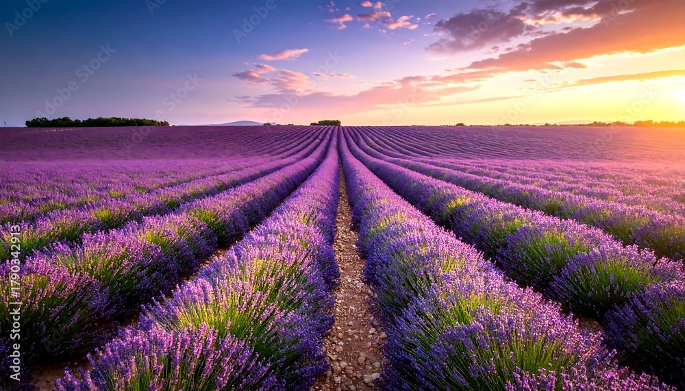 Obraz premium Vast field of lavender blooms under a vibrant sunset. Rows of purple flowers stretch toward the horizon, bathed in golden light. The sky is a canvas of pink, blue, and orange hues