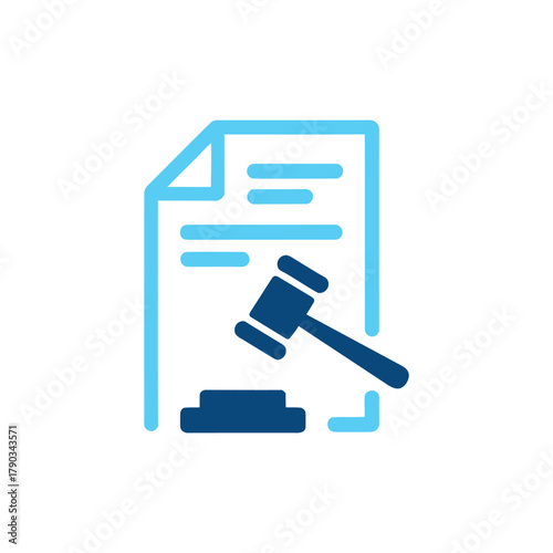 Legal document with judge's gavel icon, symbolizing law, justice, contract, and court.