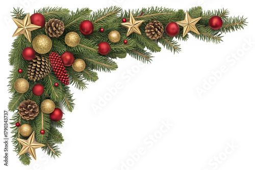 Decorative Christmas corner border features evergreen branches, shiny red and gold ornaments, and sparkling stars, perfect for a transparent background.