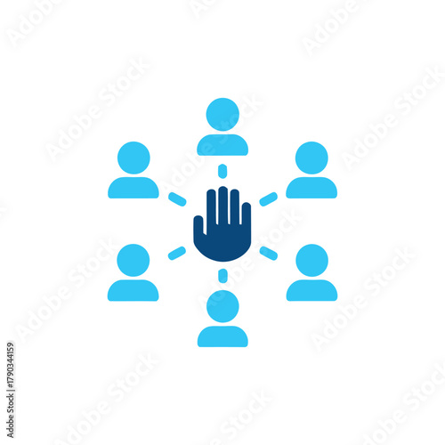 Leadership concept with a central hand icon connecting to multiple user profiles.