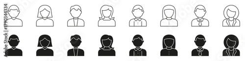 User Avatars with Male and Female Office and Casual Characters Solid Icon Set. Profile Symbols for Account, Interface, Business Contact and Personal Identity Icons. Isolated Vector Illustration