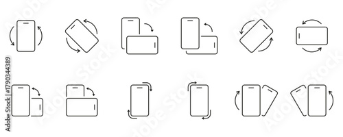 Mobile Phone Rotation Line Icon Set. Smartphone Orientation Change With Arrows Line Drawing Outline Symbol Collection. Editable Stroke. Isolated Vector Illustration