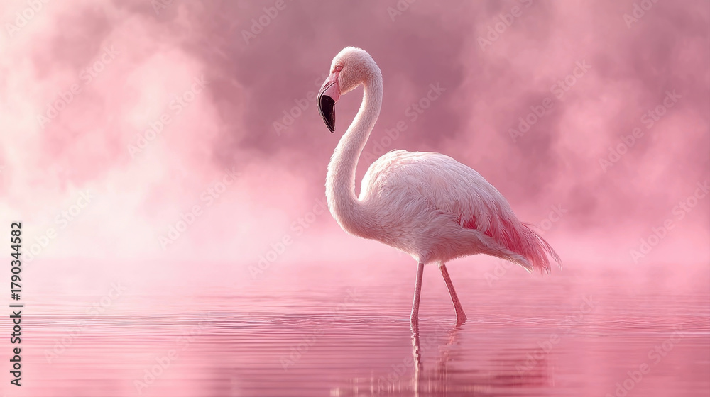 Fototapeta premium Graceful flamingo stands in glowing pink pond, surrounded by misty atmosphere, creating serene and ethereal scene