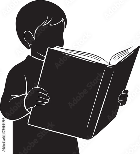 Cartoon illustration of a student boy reading a book for education and learning in the school library
