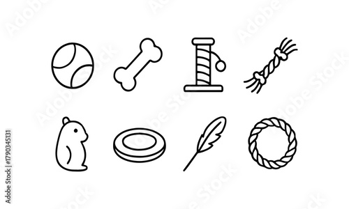 Collection of simple line art icons representing pet toys and accessories