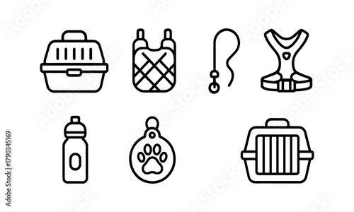 Collection of pet care and travel accessories icons