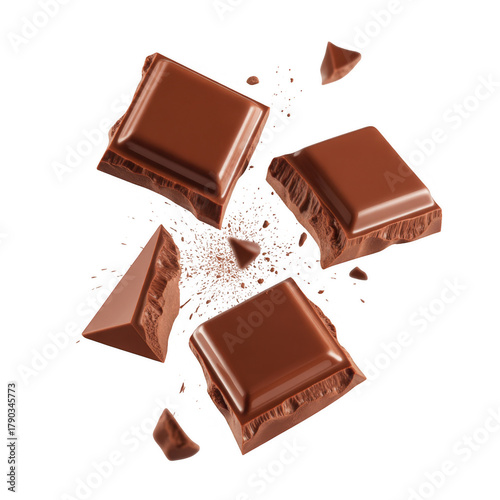 Broken chocolate pieces dark background isolated on a transparent background