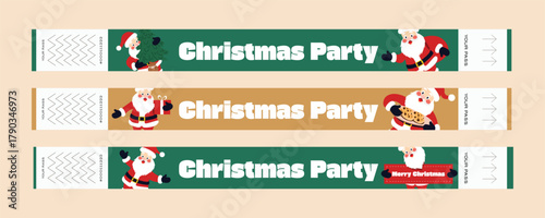 Set of Christmas party wristbands — festive cartoon design with Santa Claus. Cute vector illustration of holiday entry tickets in red, green, and gold colors