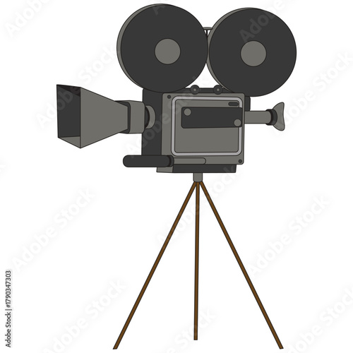 Vintage movie camera illustration in simple and clean design. The old movie recorder is presented on a tripod and equipment