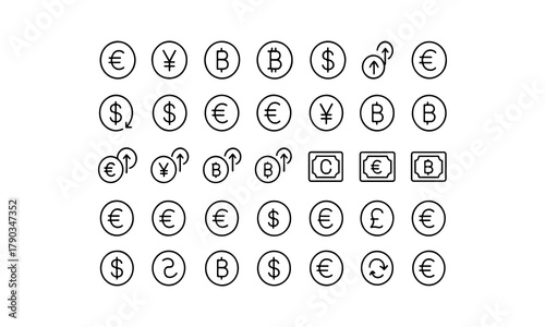 Hand drawn collection of global currency symbols and icons