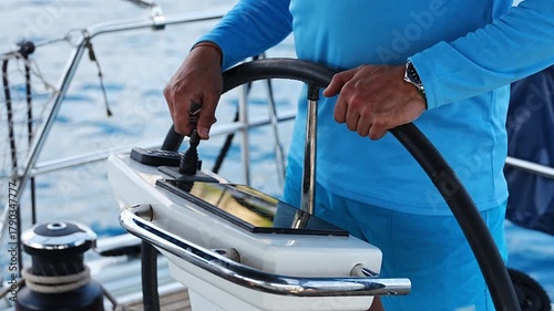 Man steering a sailing yacht using navigation display and control panel near Croatia. Precision, control and modern sailing lifestyle at sea.