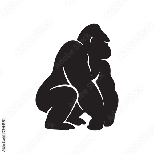 Gorilla Silhouette Crouching – Minimalist Black Icon of Wildlife, Power, and Jungle Nature