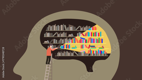Man seaching inside mental library illustration