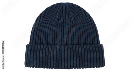 Dark blue ribbed knit beanie isolated on transparent background