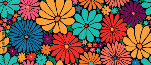 Retro floral seamless pattern with colorful flowers. Vintage groovy aesthetic background for textile design, fabric print, and wallpaper. Ditsy flower power vector illustration