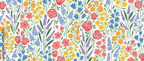 Floral liberty pattern with small colorful flowers field on a white background. Repeating ditsy doodle flower meadow background. Vector design for paper, cover, fabric, interior decor and other